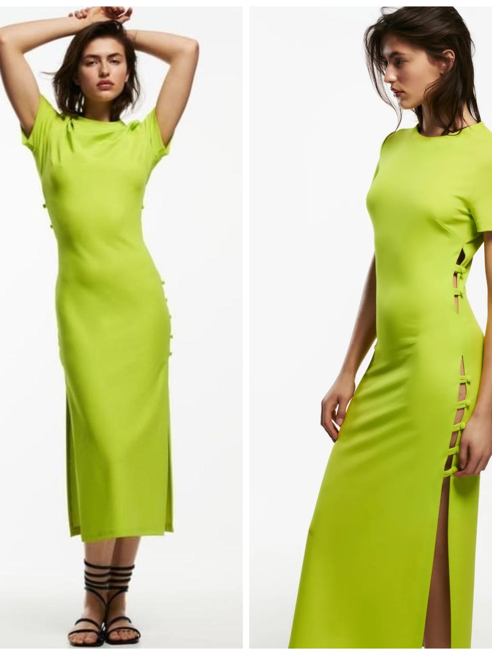 Zara Midi Dress Side cut-out short sleeve Lime Green Bodycone Summer Edgy Chic